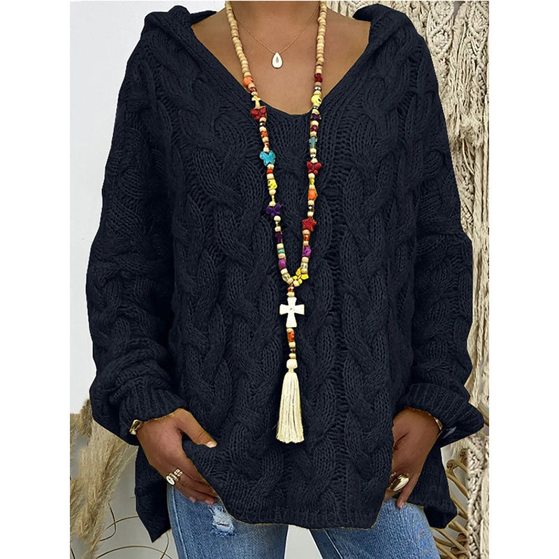 Damen Hoody aus Grobstrick mit V-Ausschnitt und dekorativem Kordelzug R&B