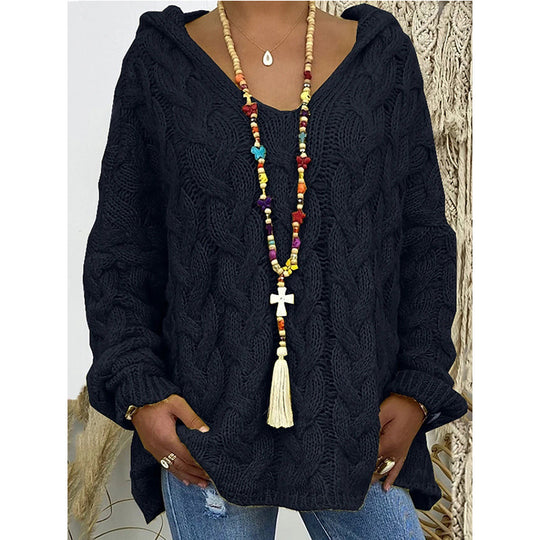 Damen Hoody aus Grobstrick mit V-Ausschnitt und dekorativem Kordelzug R&B