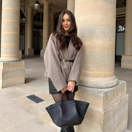 Damen Oversized Wolljacke mit Gürtel und weiten Ärmeln R&B