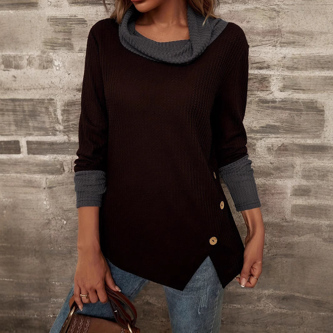 Damen Modischer Pullover mit hohem Kragen und gestreiften Ärmeln R&B