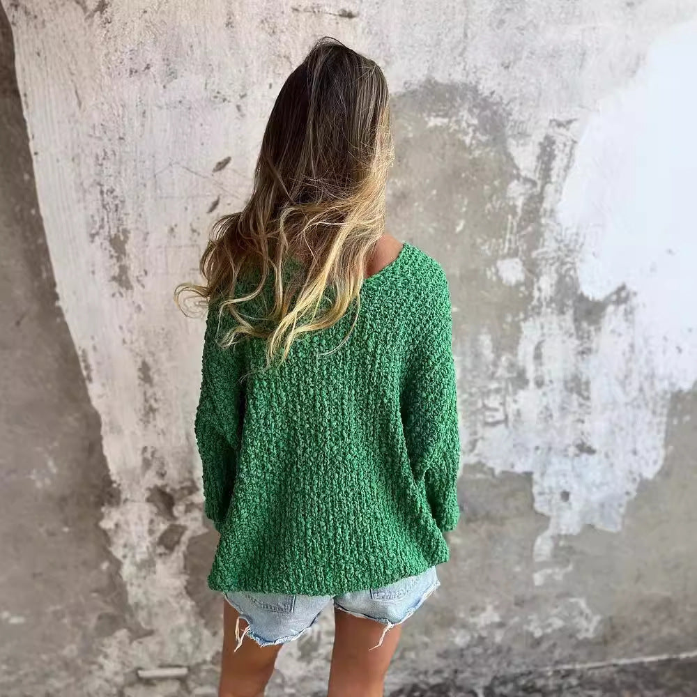 Damen Bequemes V-Ausschnitt Sweatshirt mit Struktur und langen Ärmeln R&B