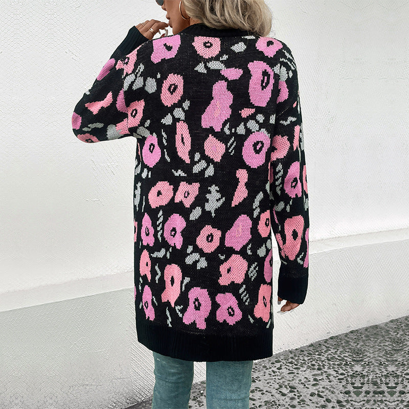 Damen Strickjacke mit floralem Muster und offenem Schnitt