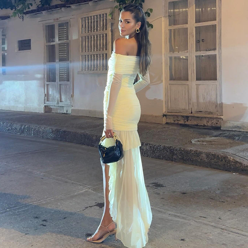 Damen Off-Shoulder Maxikleid mit Rüschendesign und figurformendem Schnitt R&B