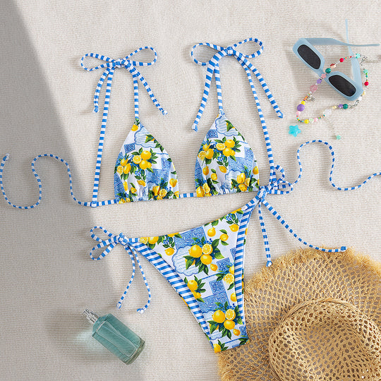 Damen Triangel-Bikini mit verspieltem floralen Muster und verstellbaren Trägern R&B