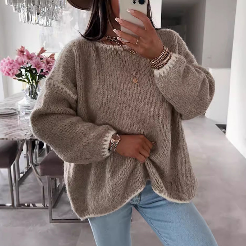 Damen Grobstrickpullover mit kontrastierendem Abschluss und lockerem Schnitt R&B
