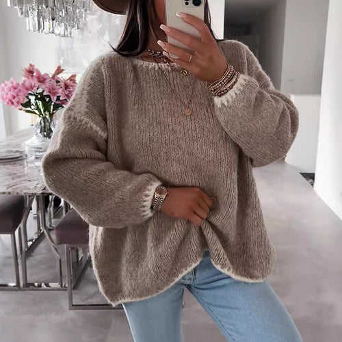 Damen Grobstrickpullover mit kontrastierendem Abschluss und lockerem Schnitt R&B