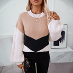 Damen Strickpullover mit modernen Farbblocklinien und Zopfmuster R&B