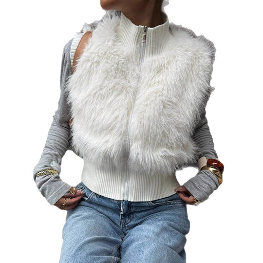 Damen kuschelige Strickweste mit luxuriösem Kunstfell R&B