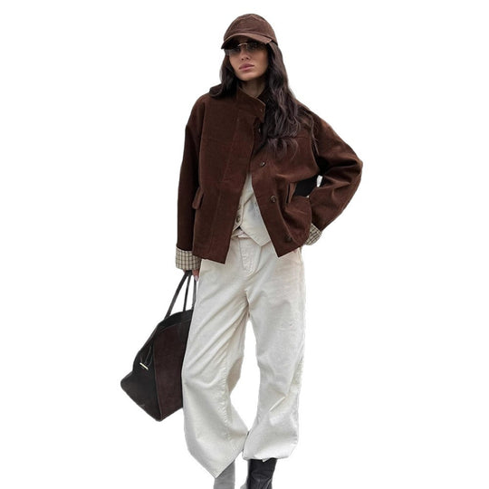 Damen lässige Cordjacke mit einzigartigem Schnitt und modischen Details R&B