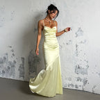 Damen Elegantes Maxikleid aus luxuriösem Satin mit verführerischem V-Ausschnitt R&B
