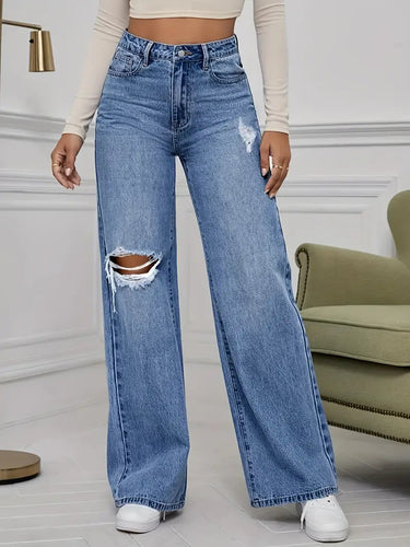 Damen Weite Jeans mit schicken Rissdetails und hohem Bund R&B