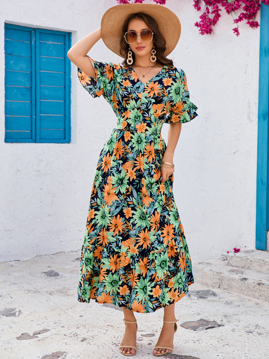 Damen Maxikleid mit voluminösen Ärmeln und fröhlichem Blumenmuster R&B
