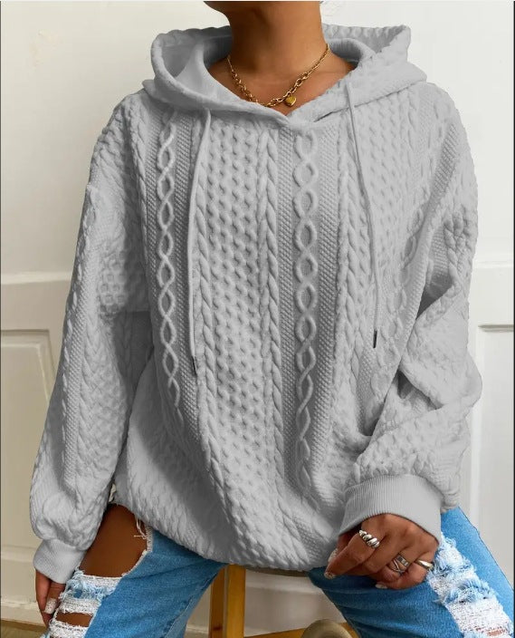 Damen Oversized Strickpullover mit kreativem Kabeleffekt und Kapuze R&B