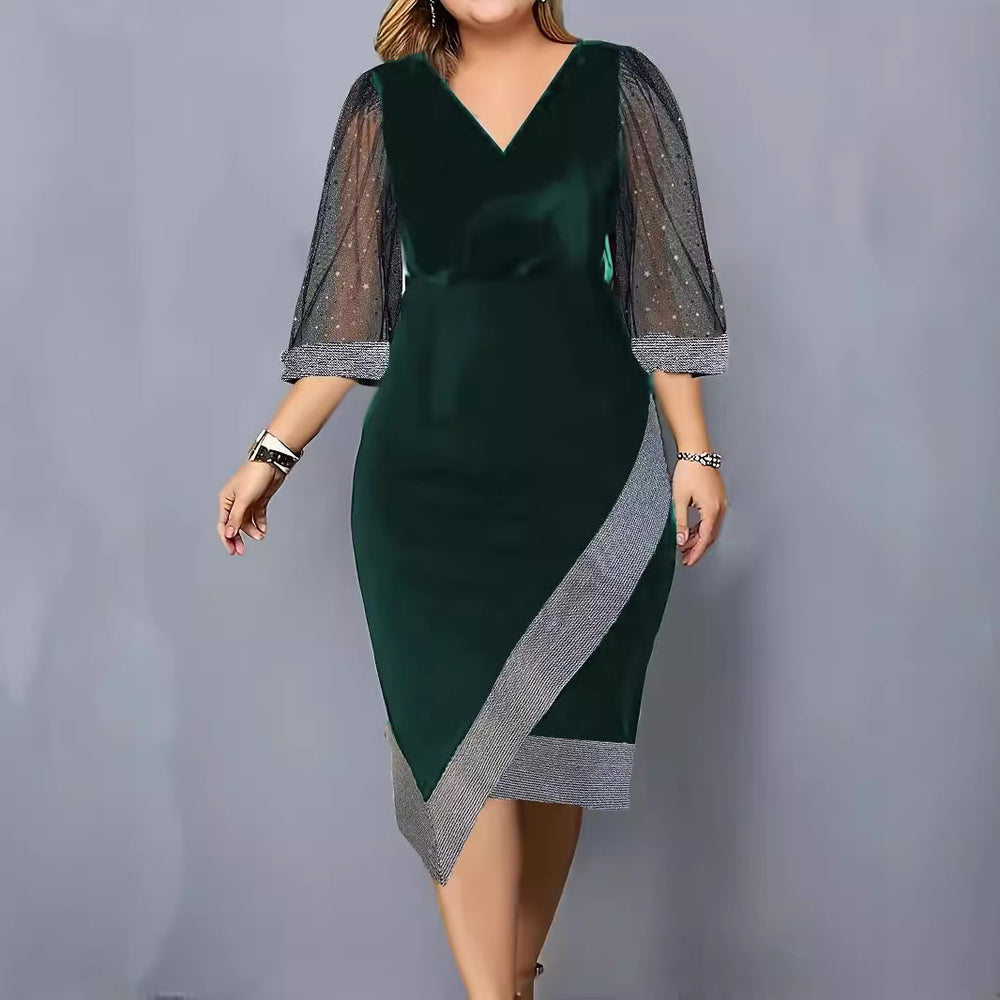 Damen Elegantes Cocktailkleid mit transparenten Puffärmeln und asymmetrischem Saum R&B