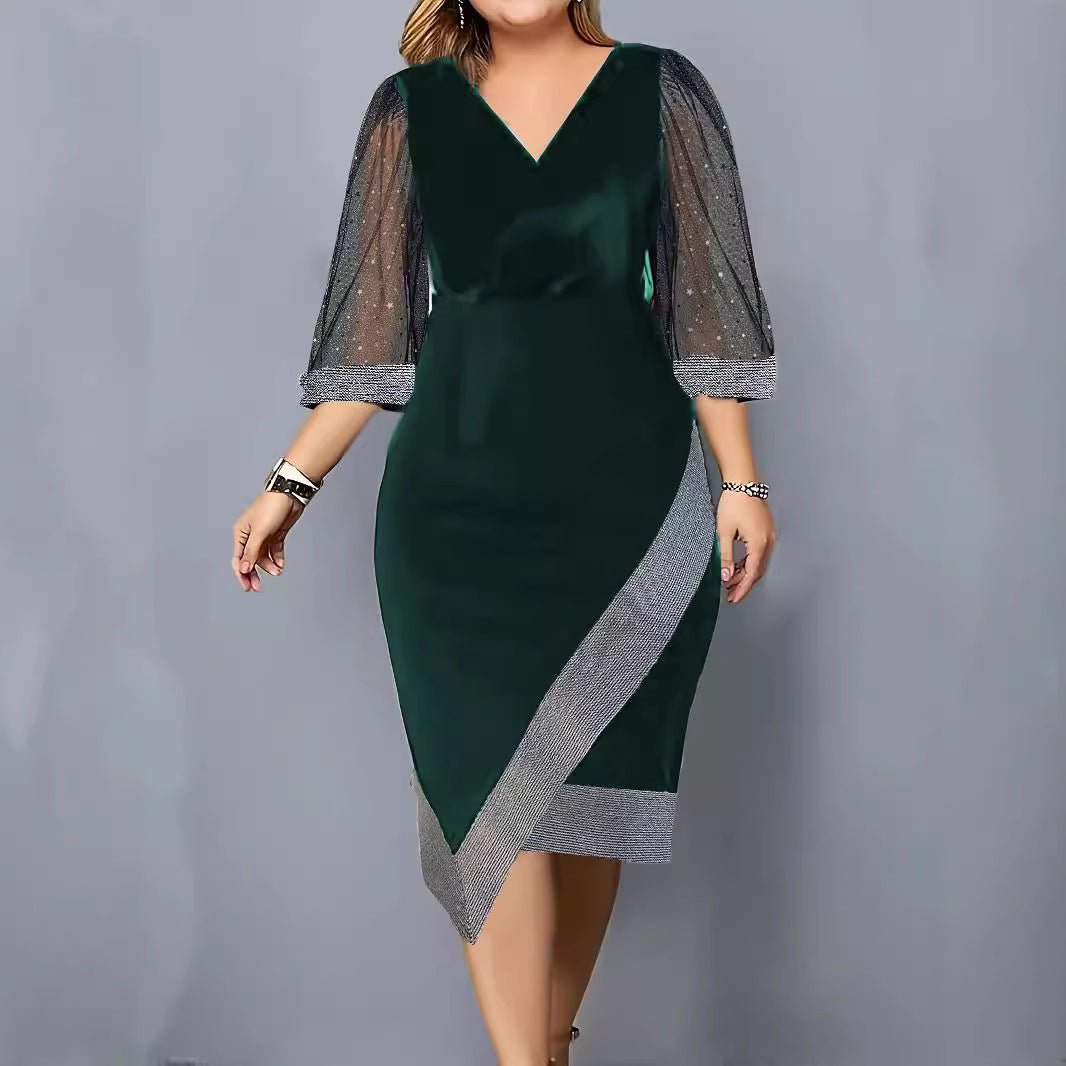 Damen Elegantes Cocktailkleid mit transparenten Puffärmeln und asymmetrischem Saum R&B