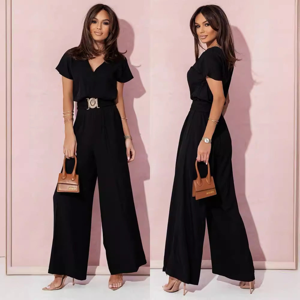 Damen Jumpsuit mit weitem Bein und trendigem Gürtel R&B