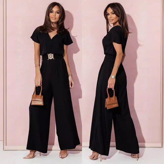 Damen Jumpsuit mit weitem Bein und trendigem Gürtel R&B