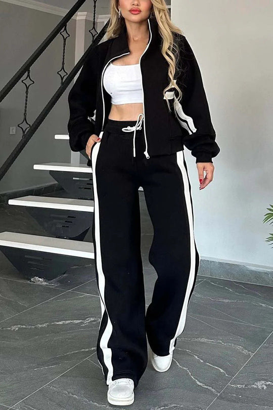 R&B | Gestreifte Zip up Cropped Sweatshirtjacke und Sporthose Zwei Teile Satz