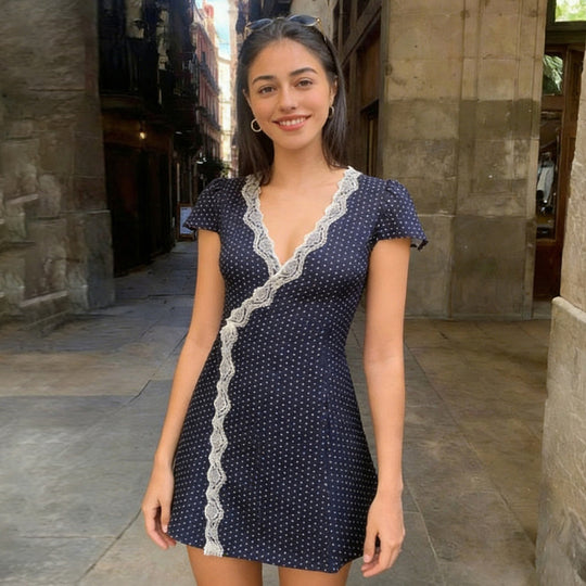 Damen Wickelkleid mit zarten Spitzenakzenten und elegantem Punktedesign R&B