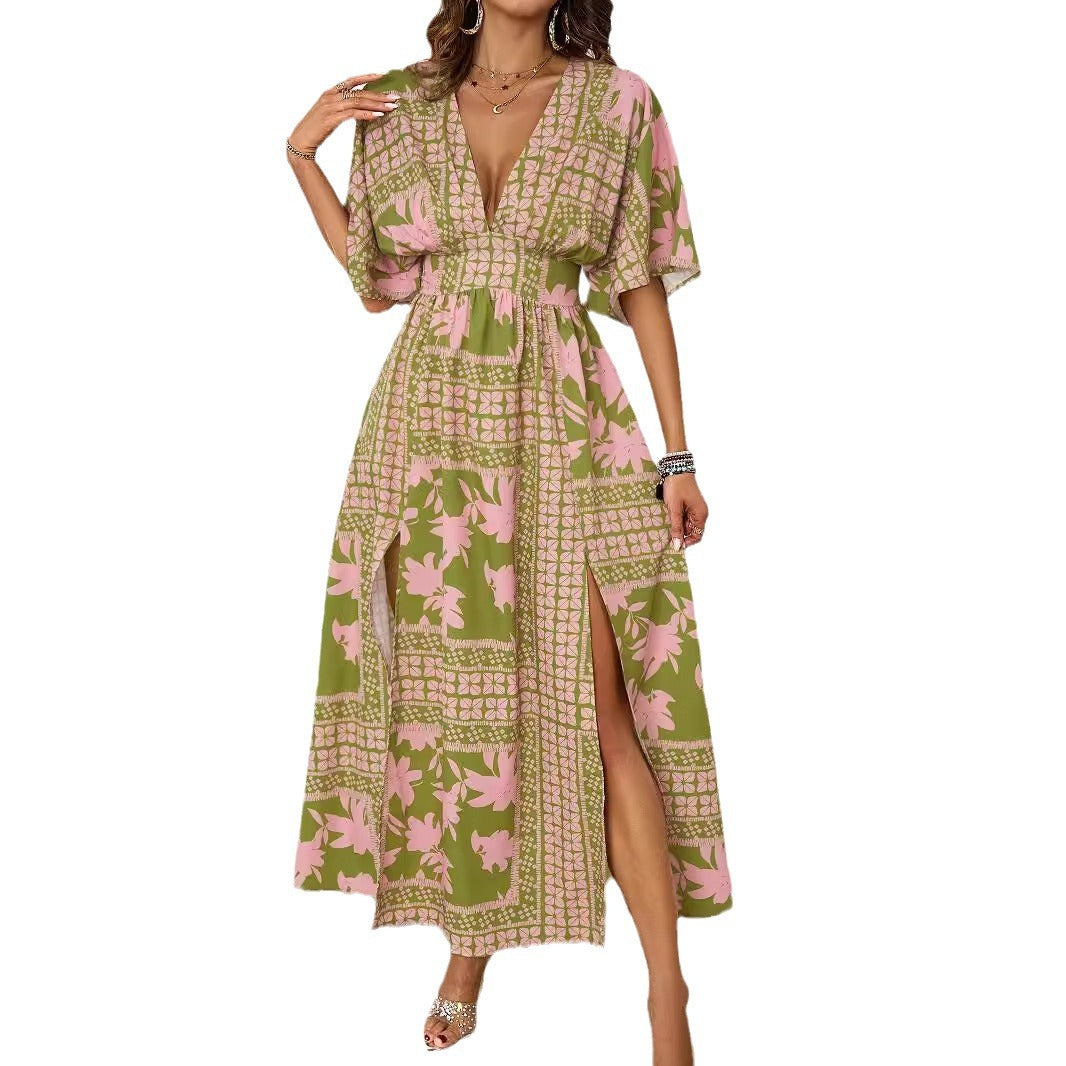 Damen luftiges Maxikleid mit tiefem V-Ausschnitt und eleganten Rüschen R&B