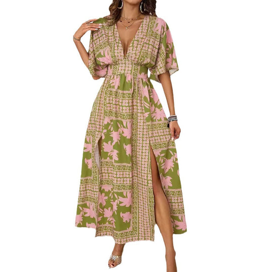 Damen luftiges Maxikleid mit tiefem V-Ausschnitt und eleganten Rüschen R&B
