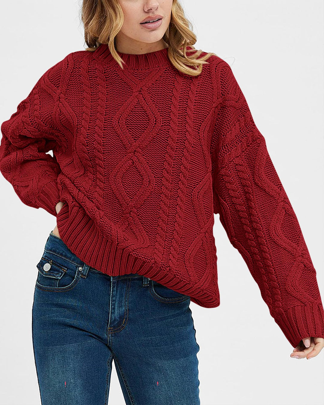 Damen Grobstrickpullover mit Wellenmuster und weitem Schnitt R&B