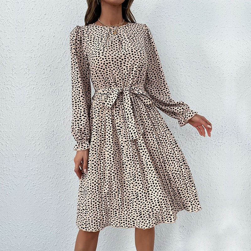 Damen Midikleid mit elastischem Taillengürtel und femininem Punktenmuster R&B