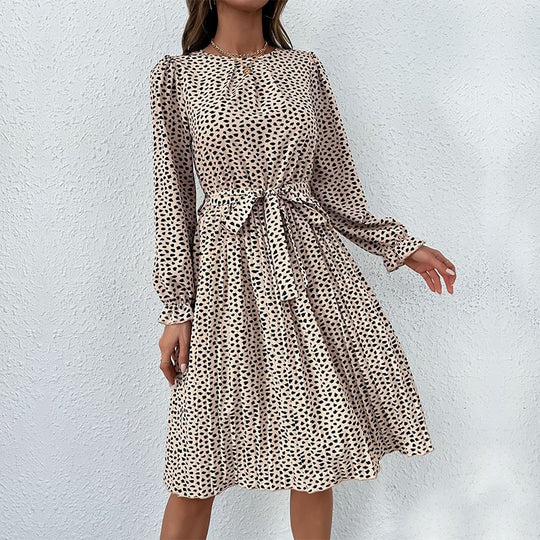 Damen Midikleid mit elastischem Taillengürtel und femininem Punktenmuster R&B