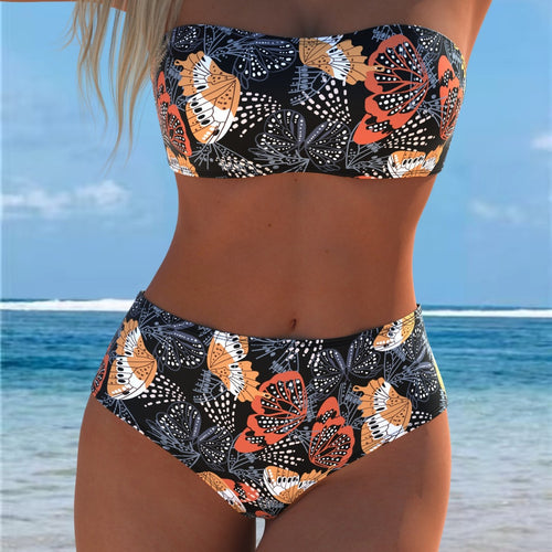 Damen Bandeau-Bikini mit hohem Taillenschnitt und kontrastierendem Blumendesign R&B