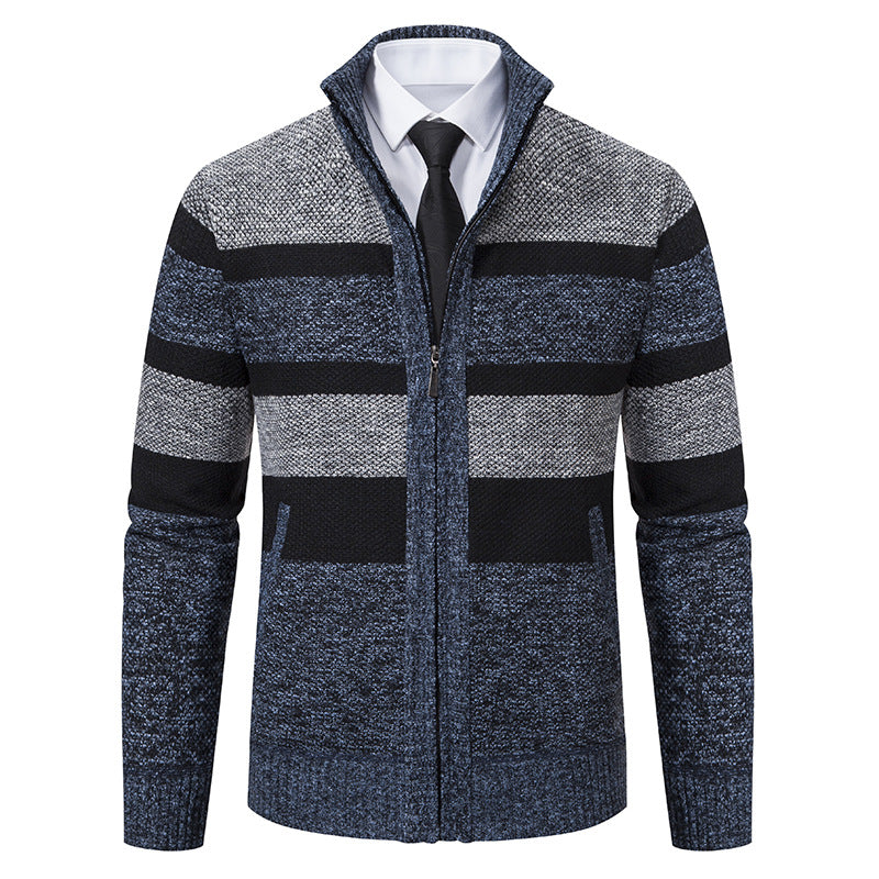 Herren Strickjacke mit Stehkragen und modernem Streifenmuster R&B