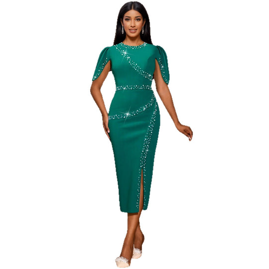 Damen Chic Glamour Kleid mit asymmetrischem Schlitz und funkelnden Strassdetails R&B