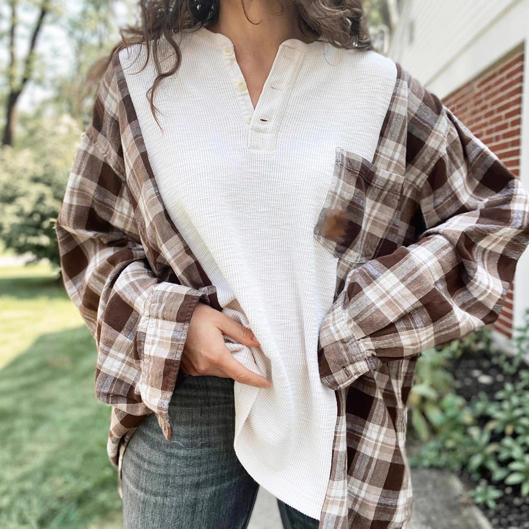 Damen nan karierter Flanell-Overshirt mit aufgesetzter Brusttasche, krempelbaren Ärmeln und legerer Oversize-Passform R&B