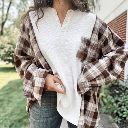 Damen nan karierter Flanell-Overshirt mit aufgesetzter Brusttasche, krempelbaren Ärmeln und legerer Oversize-Passform R&B