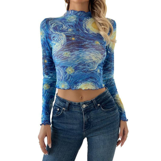 Damen Langarm-T-Shirt mit kunstvollem Druck und geschmackvollem Wellensaum R&B