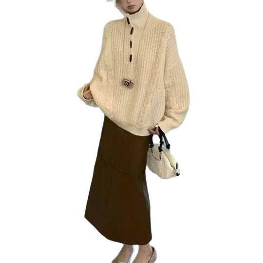 Damen Grobstrickpullover mit Zopfmuster und Knopfdetails R&B
