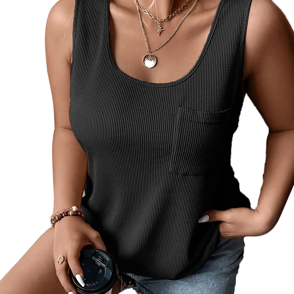 Damen lockeres Knoten-Tanktop mit breiten Trägern und Brusttasche R&B