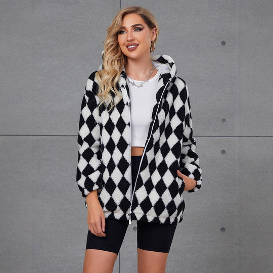 Damen Flauschige Jacke mit Karomuster und Kapuze R&B