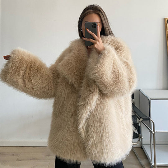 Damen Elegante Kunstpelzjacke mit großem Kragen R&B