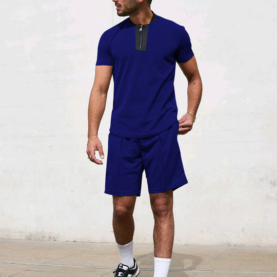 Herren Sportliches Kurzarm-T-Shirt mit Reißverschluss und Joggingshorts R&B