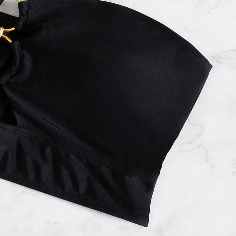 Damen Bandeau-Bikini-Oberteil mit dekorativem Ring und Raffung