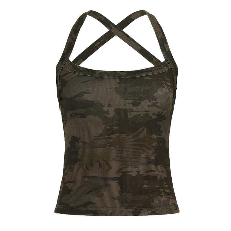 Damen sportliches Tanktop mit X-förmigem Rücken und Camouflage-Muster R&B