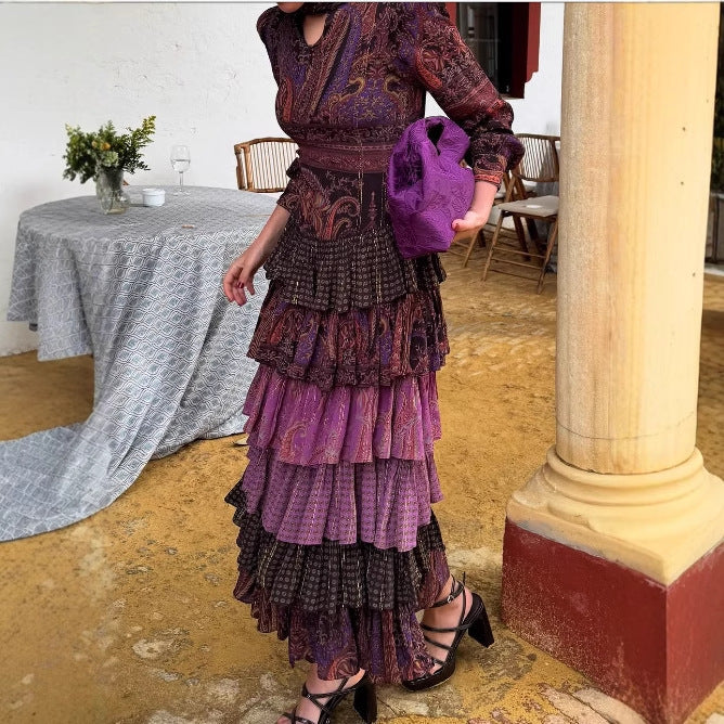 Damen Maxi-Kleid mit verspielten Mustern und hoher Taille R&B