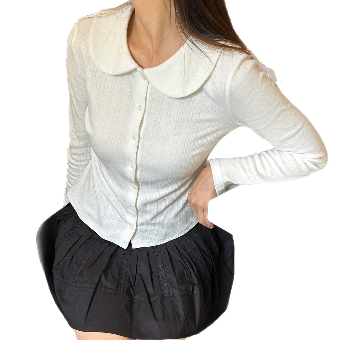 Damen Langarm-Crop-Top mit stilvollem Kragen und Knopfleiste R&B