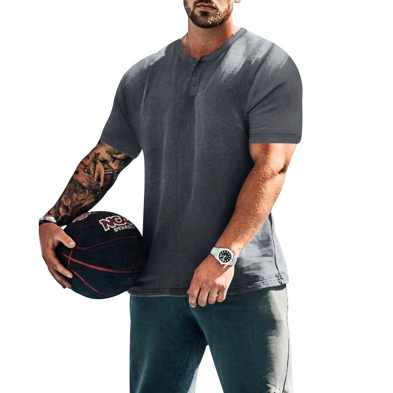 Herren lässiges Kurzarm-Henley-Shirt mit hochwertigem Baumwoll-Mix und praktischem Knopfdesign R&B
