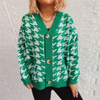 Damen gemütlicher Strickcardigan mit modernen Hahnentrittmuster und Knopfdetails R&B