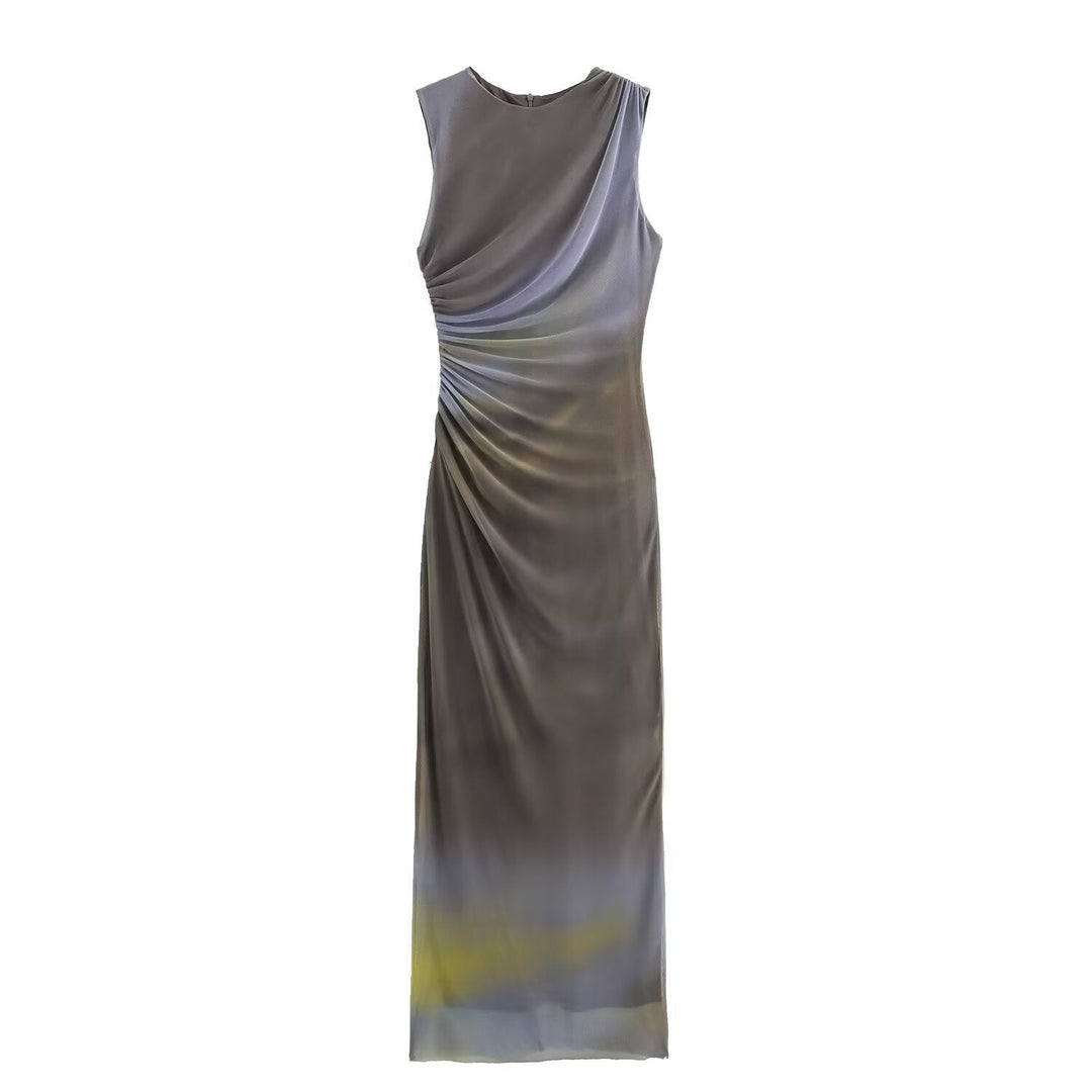 R&B | Einfarbiges Rundhalsausschnitt Ärmelloses Faltendes Slim Fit Kleid