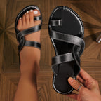 Damen nan flache Freizeit-Pantolette mit Zehenring, geschlungenen Riemen und gepolstertem Komfortfußbett R&B