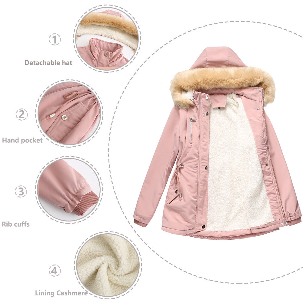 Damen modische Outdoor-Jacke mit abnehmbarem Kunstfellkragen und elastischem Taillenzug R&B