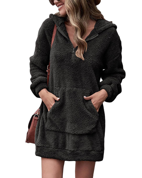 Damen Kuscheliger Hoodie-Kleid mit praktischen Taschen und halben Reißverschluss R&B