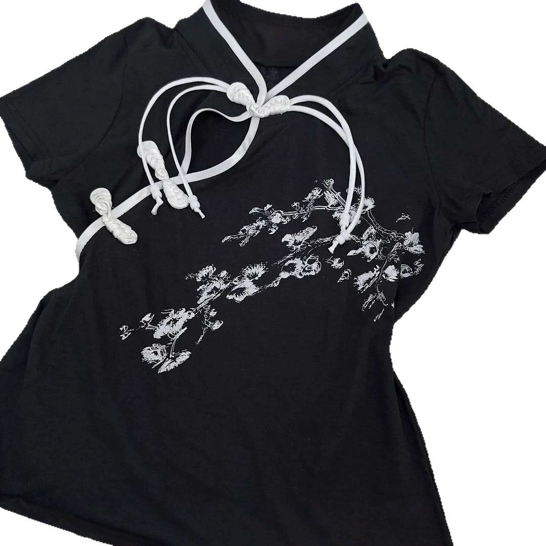 Damen Modernes Chinesisches Kurzarm-T-Shirt mit kreativem Knotendesign R&B